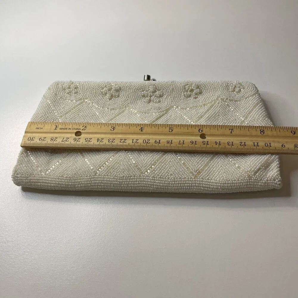 La Regale clutch purse Italian beads White Japan‎ Vintage Mid Century Floral EL4
